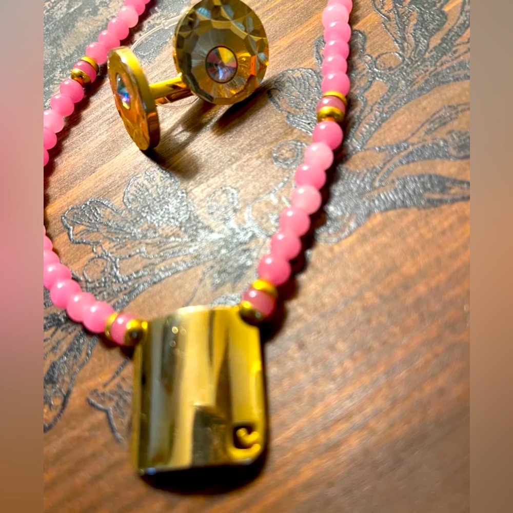 Vintage Pierre Cardin Signed Rose Quartz/ Goldtone Necklace & AB vtg Cuff Links